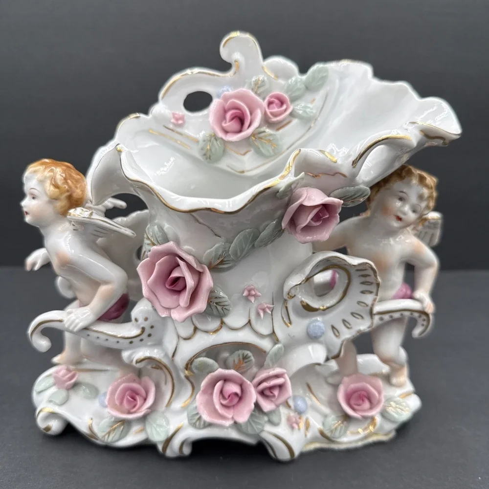 Vintage UCAGCO Ceramics Japan Winged Cherubs Roses‎ Vase Damaged